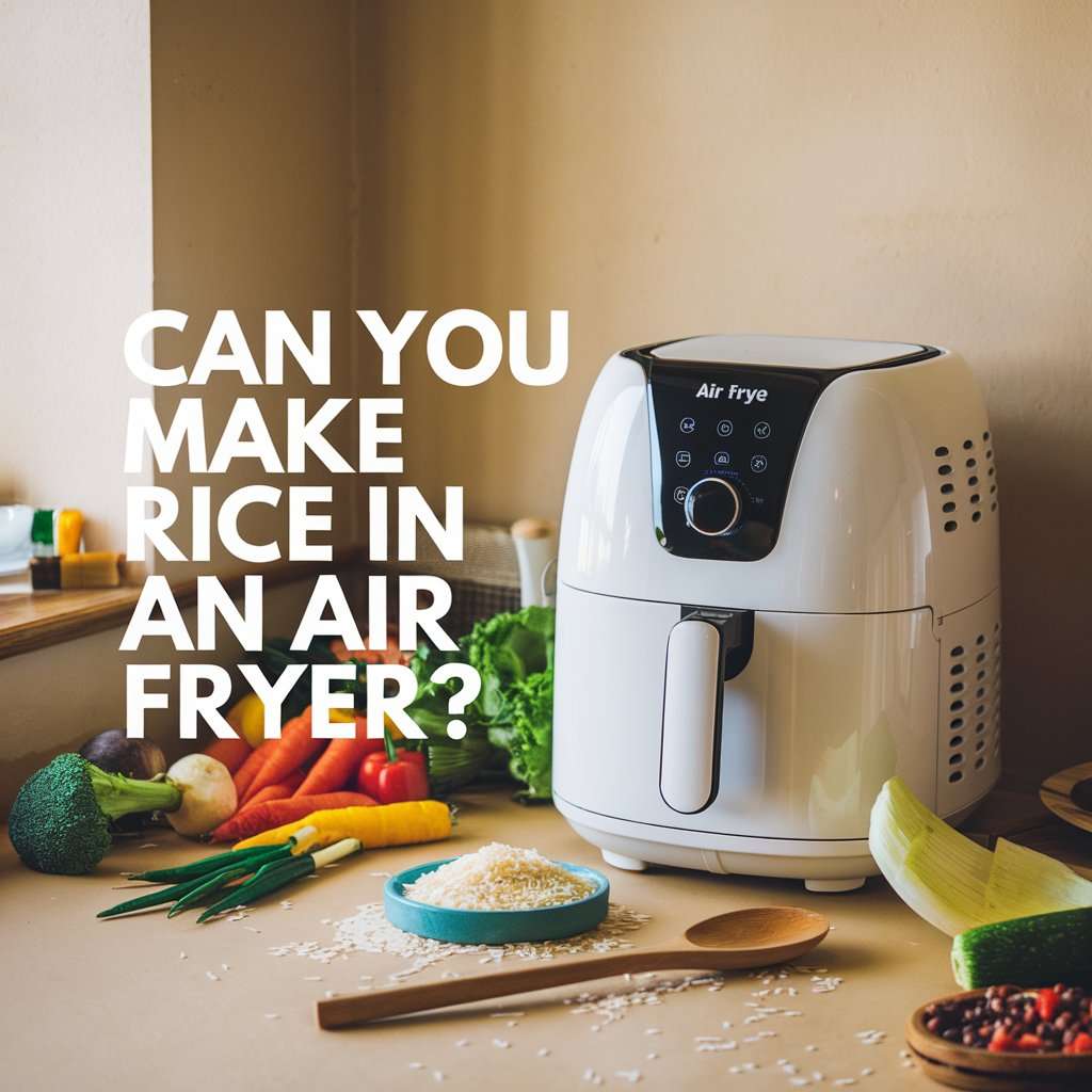 A white air fryer on a kitchen counter surrounded by fresh vegetables, rice grains, and wooden utensils. The text "Can You Make Rice in an Air Fryer?" is prominently displayed next to the air fryer | bestkitchenreviews.in