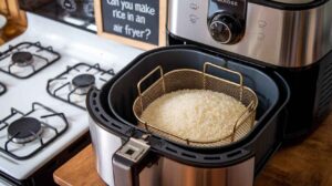 An air fryer with a basket filled with uncooked rice placed inside, set on a kitchen counter near a gas stove. A sign in the background reads, "Can You Make Rice in an Air Fryer? | how to make rice in air fryer