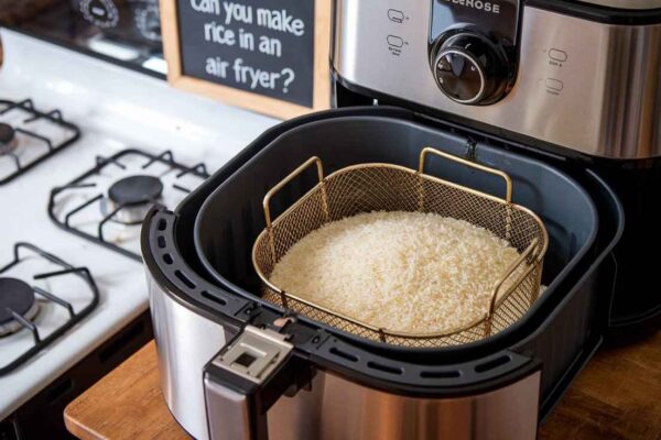 An air fryer with a basket filled with uncooked rice placed inside, set on a kitchen counter near a gas stove. A sign in the background reads, "Can You Make Rice in an Air Fryer? | how to make rice in air fryer