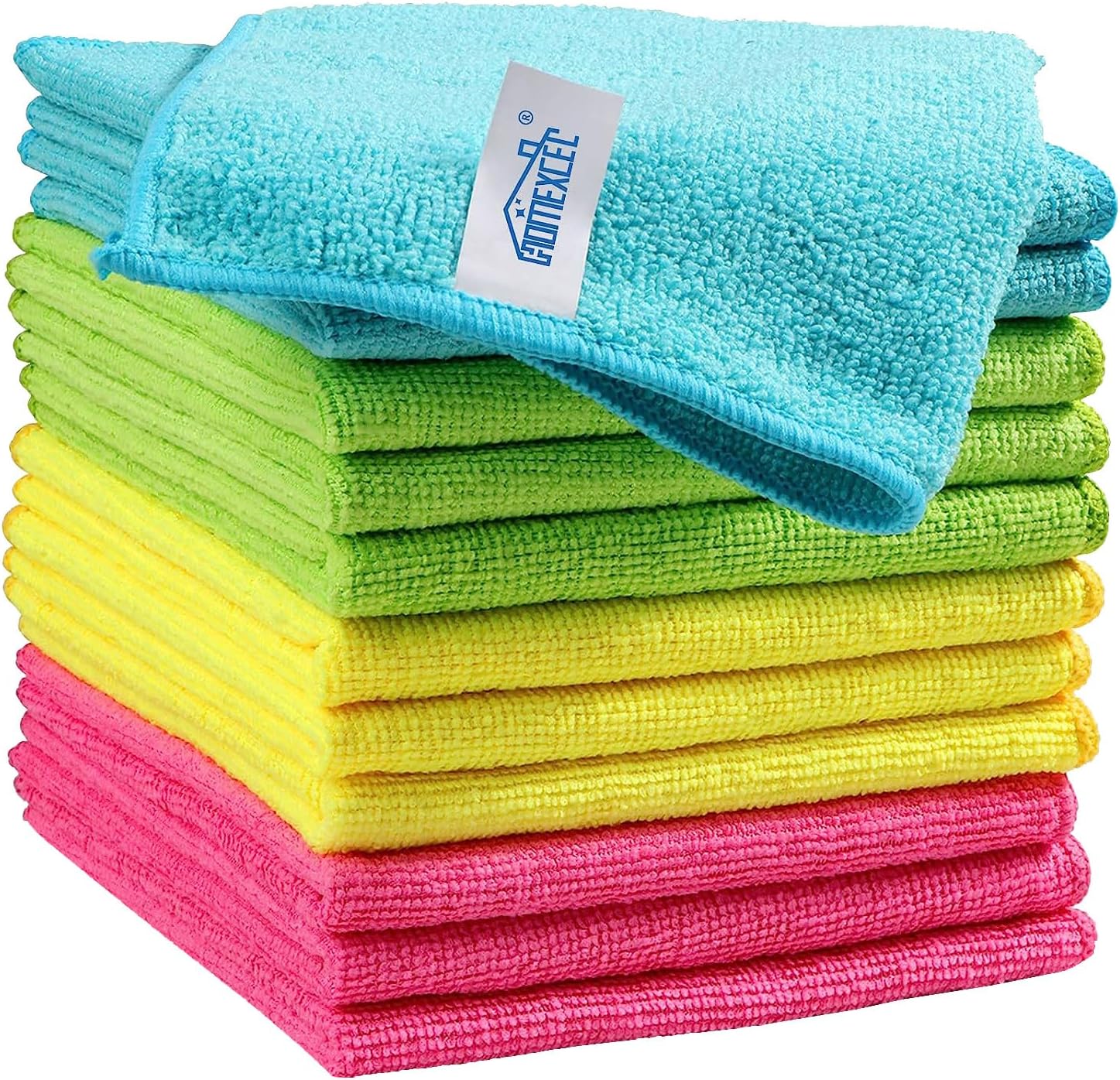 HOMEXCEL microfiber cleaning cloths in a 12-pack, featuring vibrant blue, green, yellow, and pink colors, neatly stacked for multipurpose cleaning use.