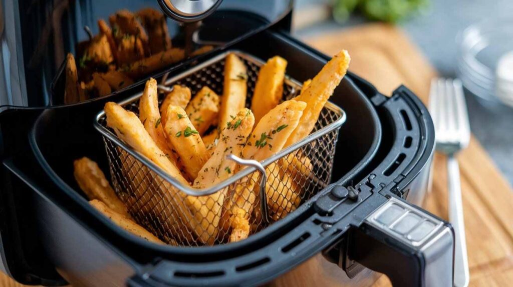 Crispy, golden chicken fries cooking in an air fryer basket. Learn how long to cook chicken fries in an air fryer for the perfect crunch. | bestkitchenreviews.in