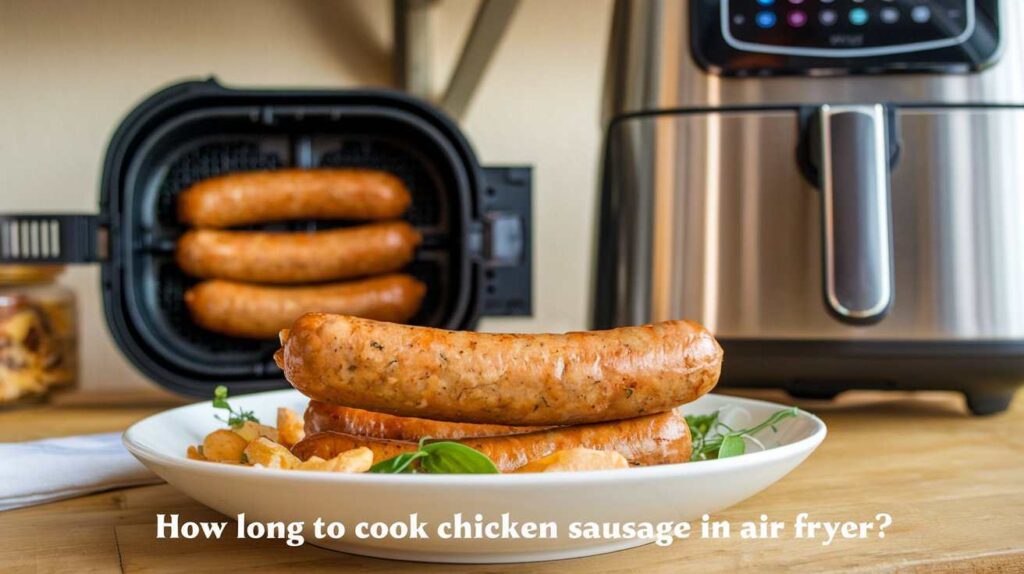 How Long to Cook Chicken Sausage in Air Fryer – A deliciously cooked chicken sausage served on a plate with crispy fries, fresh greens, and an air fryer in the background, ready for a perfect meal. | best kitchen reviews