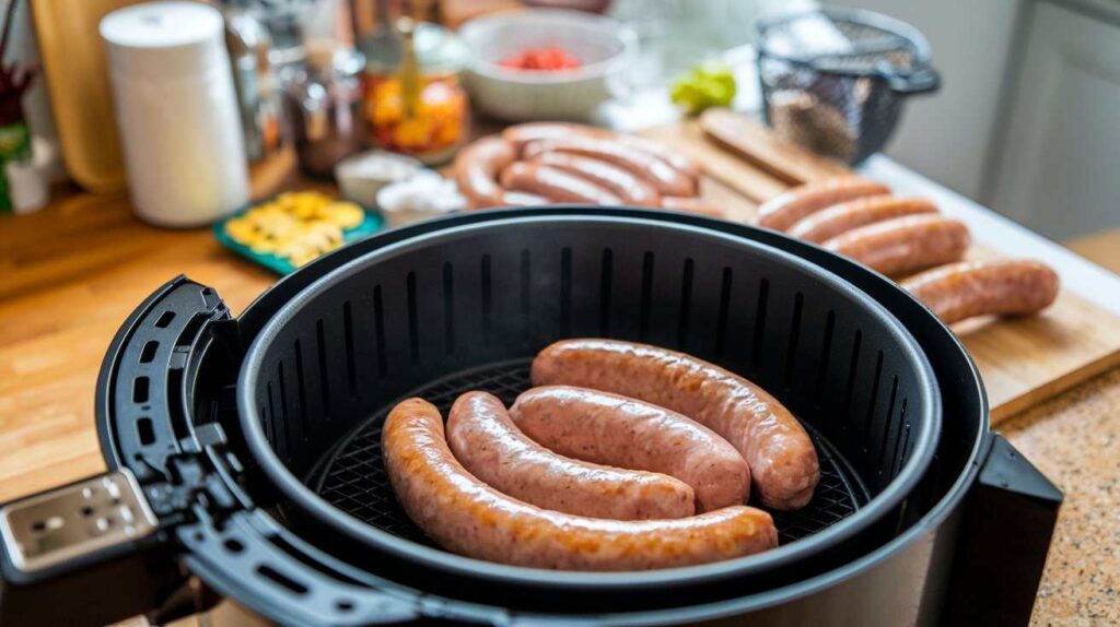 How Long to Cook Chicken Sausage in Air Fryer – Uncooked chicken sausages placed inside an air fryer, surrounded by fresh ingredients, ready to be air-fried to golden perfection. | bestkitchenreviews.in