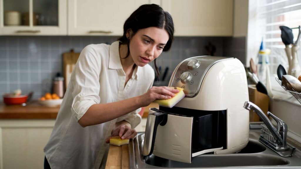 A woman in a white shirt is carefully scrubbing a Gourmia air fryer with a yellow sponge in a cozy kitchen. Is Gourmia Air Fryer Easy to Clean? | bestkitchenreviews.in