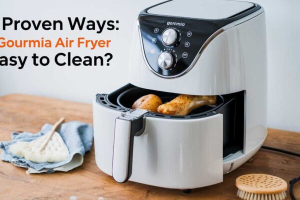 A Gourmia air fryer with cooked chicken and potatoes inside, placed on a wooden table with cleaning tools. The text overlay reads "10 Proven Ways: Is Gourmia Air Fryer Easy to Clean?" | Gourmia air fryer