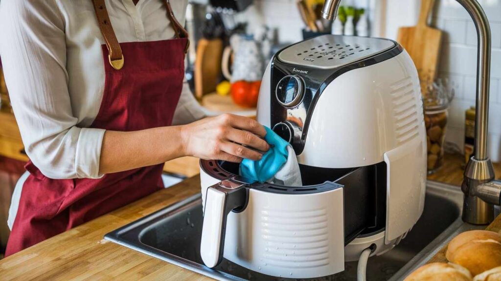 A woman wearing a white shirt and a red apron is cleaning a white Gourmia air fryer with a cloth near a sink. Is Gourmia Air Fryer Easy to Clean?