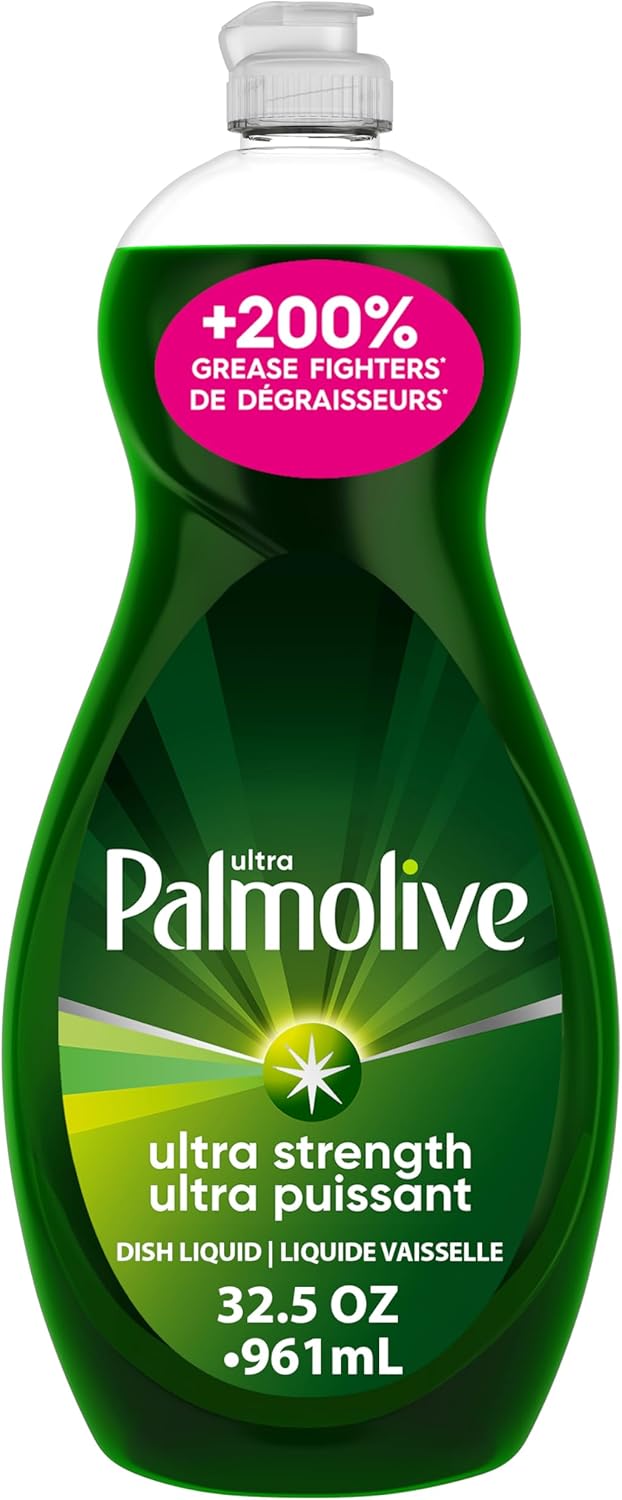 Palmolive Ultra Strength Liquid Dish Soap 32.5 oz bottle with green packaging and a pink label highlighting '+200% grease fighters' for powerful cleaning.