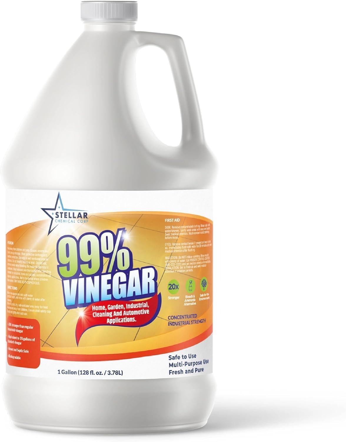 Stellar Chemical 99% Vinegar in a 1-gallon white plastic container with an orange and blue label, marketed for home, garden, industrial, cleaning, and automotive applications.