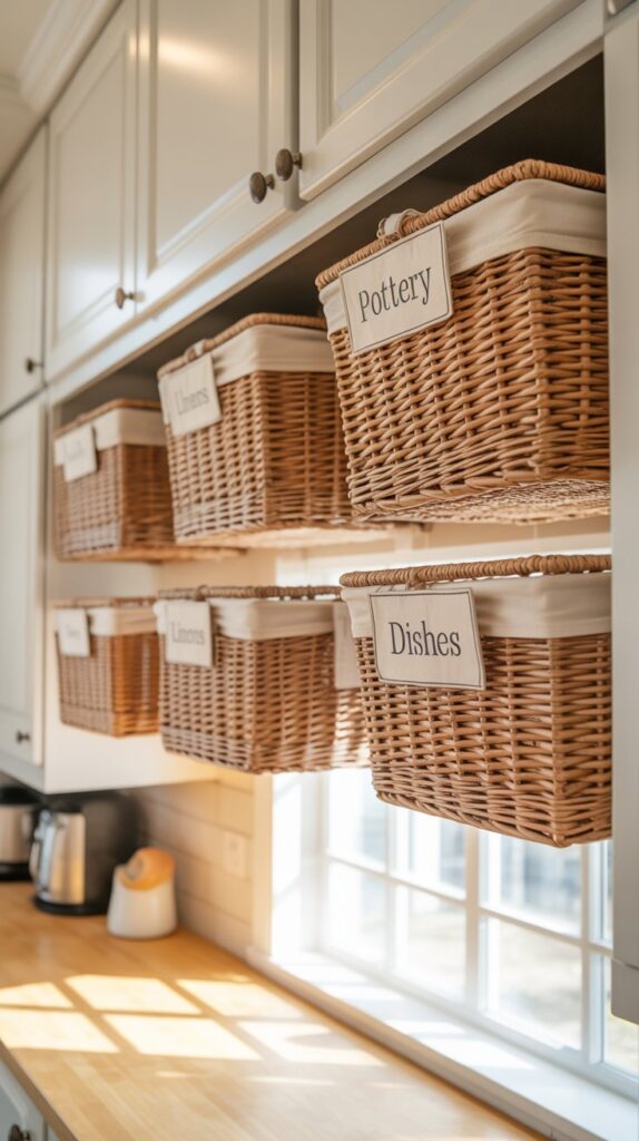 Utilize Baskets for Stylish Storage | indoor plants above kitchen cupboards