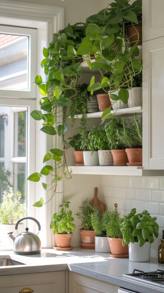 Embrace Greenery with Plants | decorative baskets above kitchen cabinets